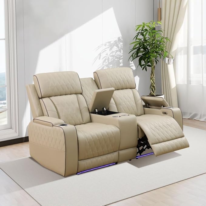 Leather Power Recliner Sofa Set with LED, Living Room Furniture Set, Leather Sofa Set with USB Port Storage Console Cup Holder for Office Living Room Home (Khaki)