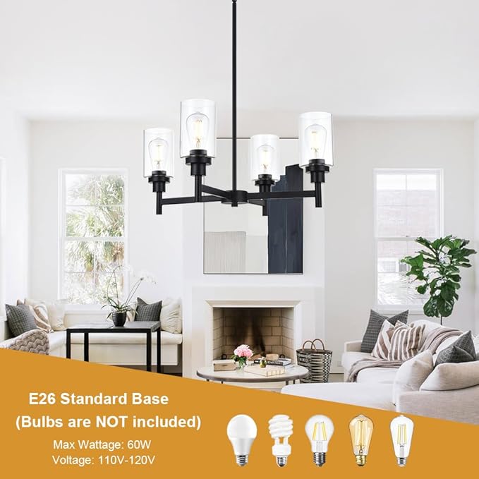 VINLUZ 4 Light Glass Farmhouse Chandelier Black Kitchen Lighting Fixture Hanging with Cylinder Clear Glass Pendant Light for Dining Room Bedroom