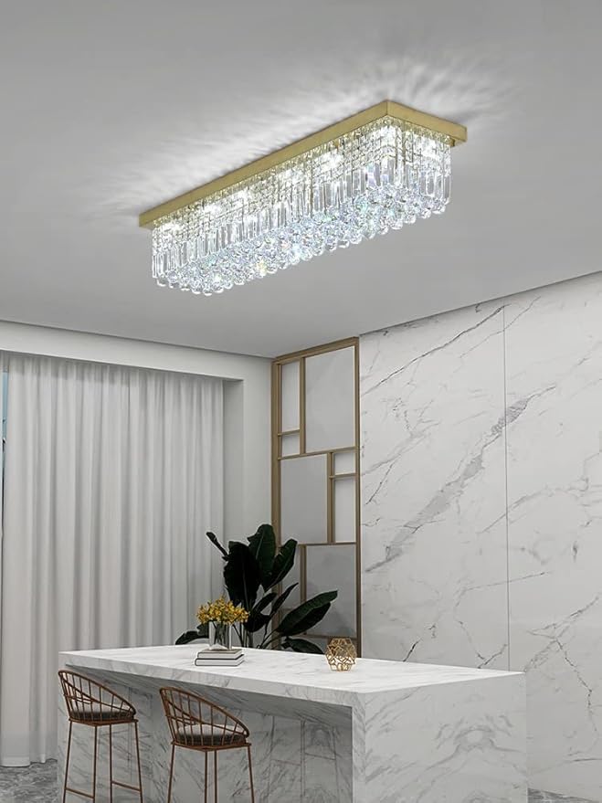 7PM Modern Rectangular Chandelier, Gold, L31.5' x W10' x H10', 6 Lights, Dimmable, Kitchen, Dining Room, Living Room