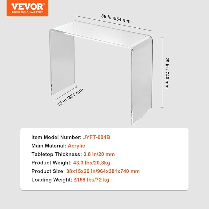VEVOR Clear Acrylic Console Table, Sleek Transparent Acrylic End Table, Versatile Acrylic Side Table 37.95x15x29.13 inch, Ideal for Entryway, Lounge, or Dining Area