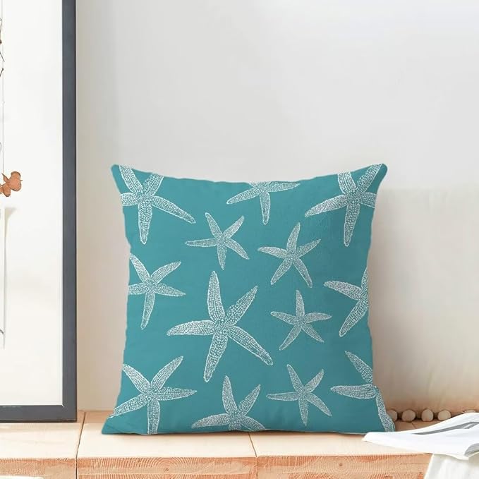 BETGINY Nautical Coastal Throw Pillow Cover 18X18 Inch Pack of 2,Summer Aqua Teal Turquoise Starfish Decorative Pillow Covers Square Linen Beach Ocean Pillow Cases Cushion for Couch Sofa Home Decor
