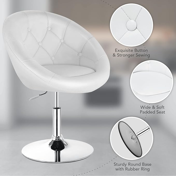 Tufted Leather Swivel Accent Chair - Height Adjustable, Round Back, Chrome Frame, Suitable for Bedroom, Lounge, Bar