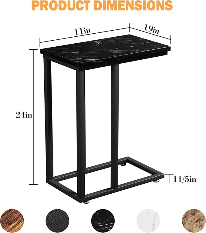 VECELO Universal C-Shaped Side Table, Multi-Functional Snack & TV Tray for Living Room, Bedroom, Black Marble (2 Set)