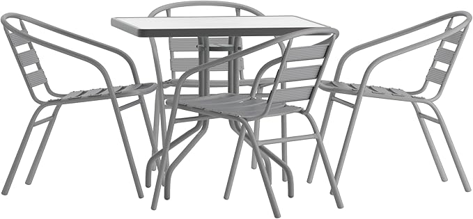 Flash Furniture TLH-0732SQ-017CSV4-GG Lila 31.5'' Square Glass Table with 4 Metal Aluminum Slat Stack Chairs, Silver