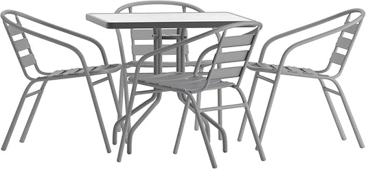 Flash Furniture TLH-0732SQ-017CSV4-GG Lila 31.5'' Square Glass Table with 4 Metal Aluminum Slat Stack Chairs, Silver