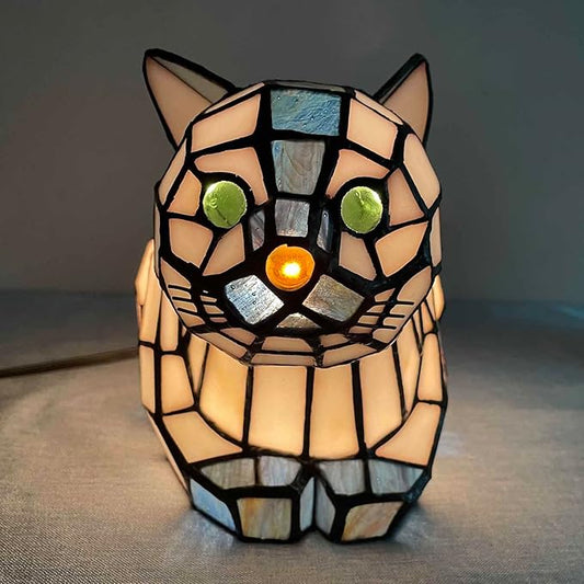 Bieye L10872 Lovely Cat Tiffany Style Stained Glass Accent Table Lamp Night Light for Home Decoration (One Cat, Blue)