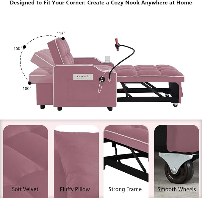 Convertible Sofa Bed, 3 in 1 Futon Sofa Bed with USB Charging Ports, Cup Holder, Phone Stand & Pocket, Modern Upholstered Sleeper Sofa for Living Room, Apartment or Small Space (Pink)