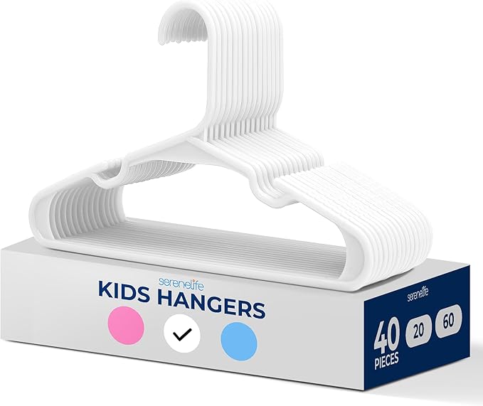 SereneLife 40 Pack Plastic Kids Hangers – Non-Slip Baby Hangers for Closet, Space-Saving Thin Design for Organizing Clothes, Infant, Toddler, and Newborn Clothing (White)