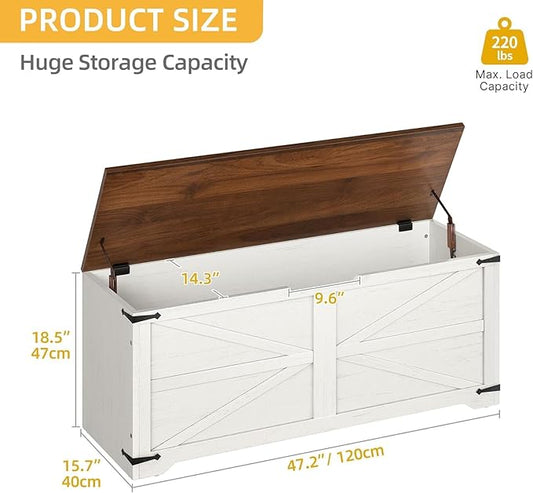 DWVO Wooden Storage Bench, Farmhouse Storage Chest with Safety Hinges, Entryway Shoe Organizer, Multi-Use Storage for Living Room/Bedroom, 47.2" L, White and Walnut