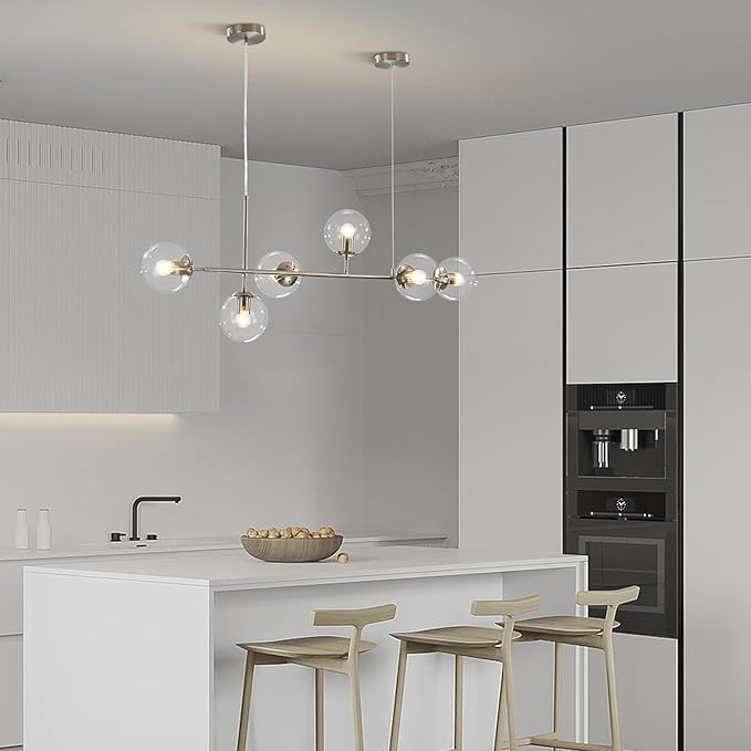 KCO Lighting 6 Light Brushed Nickel Chandelier Bubble Glass Pendant Lights Kitchen Mid Century Modern Linear Chandelier Globe Sputnik Ceiling Light for Dining Room Living Room