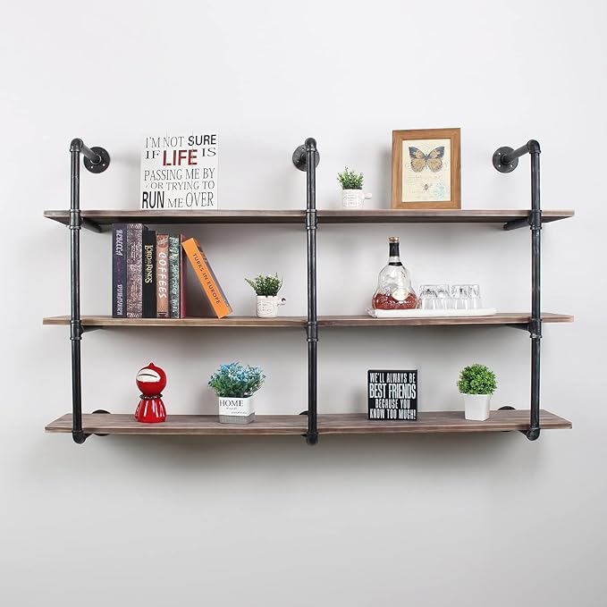 MBQQ Industrial Pipe Shelving Wall Mounted,63in Rustic Metal Floating Shelves,Steampunk Real Wood Book Shelves,Wall Shelf Unit Bookshelf Hanging Wall Shelves,Farmhouse Kitchen Bar Shelving(3 Tier)
