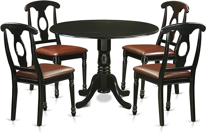 East West Furniture DLKE5-BLK-LC 5 Piece Dinette Set for 4 Includes a Round Dining Table with Dropleaf and 4 Faux Leather Dining Room Chairs, 42x42 Inch, Black