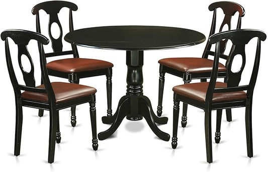 East West Furniture DLKE5-BLK-LC 5 Piece Dinette Set for 4 Includes a Round Dining Table with Dropleaf and 4 Faux Leather Dining Room Chairs, 42x42 Inch, Black