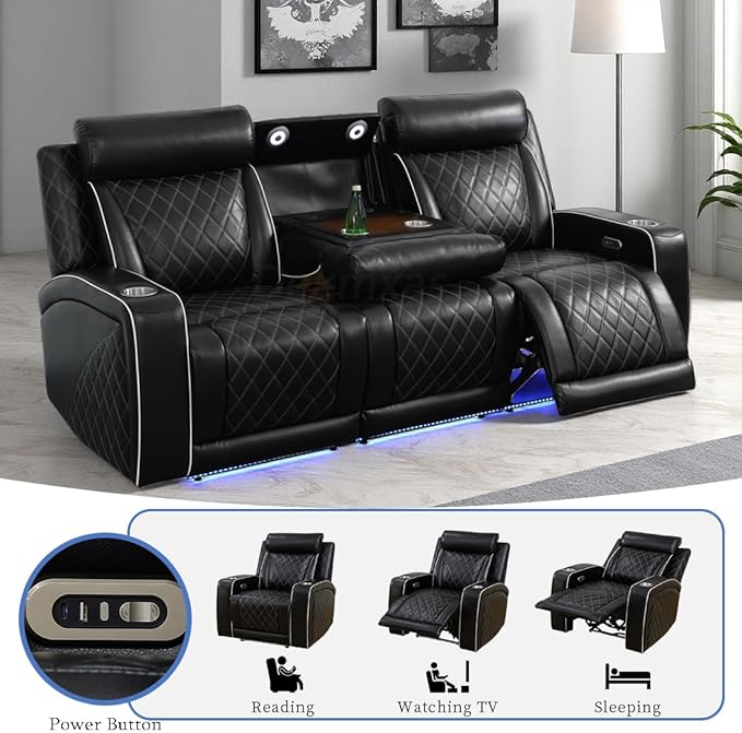 Breathing Leather Power Reclining Sofa with Cup Holders, Living Room Furniture with 2 Recliners, 3 Seater Leather Sofa Couch with Flip-Down Table/USB Port for Living Room/Office/Home Theater