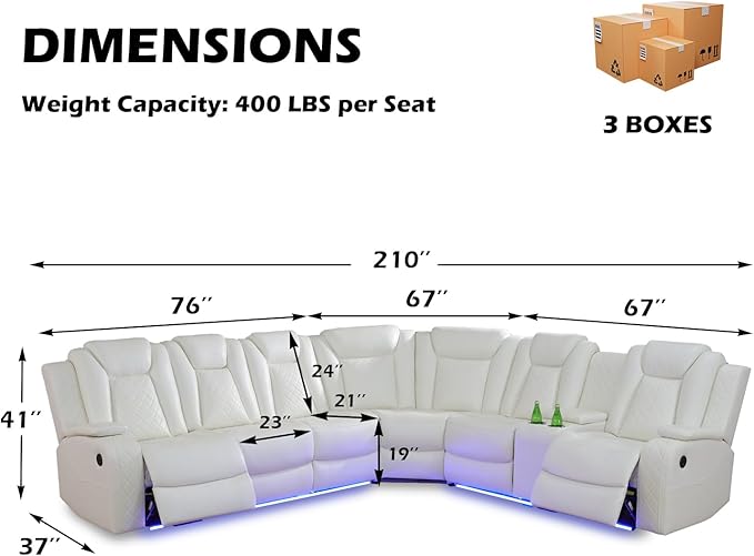 Leather Power Recliner Sectional Sofa with LED Light,L Shaped Leather Couch with 2 Recliner Seats，Modular Corner Sofa with Storage Console/Coffee Table for Living Room(White, Sectional)