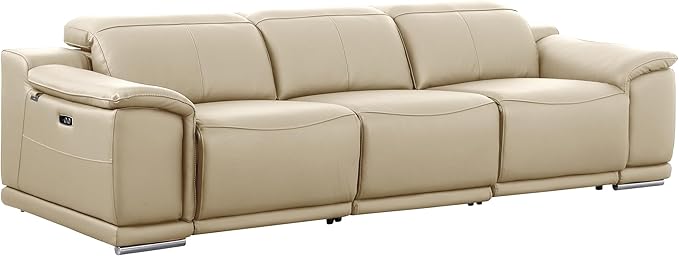 Blackjack Furniture Venice Top Grain Italian Leather Recliner 7 Seater 6 Power Reclining 3 Piece Sofa Set with Adjustable Headrests Modern Seating Sofa, Loveseat and Chair for Living Room , Beige