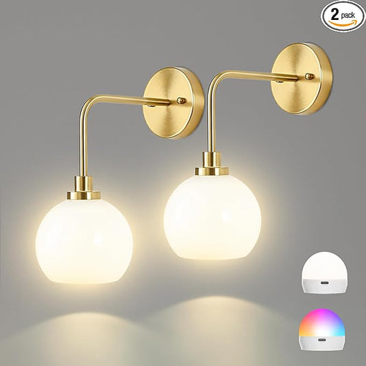 Battery Operated Wall Sconces Set of 2, Gold Rechargeable Wireless Wall Lights with Milky White Shade, 12 RGB and 3CCT Dimmable Wall Lamps with Remote for Bedroom Living Room Hallway