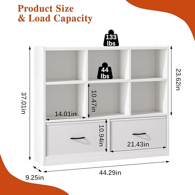 Cube Bookshelf Storage Organizer Bookcase,8 Cube Open Mid-Centur Shelf,Freestanding Display Bookshelve, Modern Wide Toy Shelf with Drawers for Bedroom Living Room Office(White)