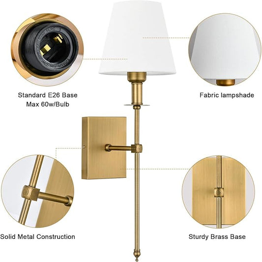 Pauwer Hardwired Wall Sconces Set of 2 - Professional Installation Required - White Fabric Shade Indoor Wall Lamp Column Stand Bedroom Bathroom Vanity Wall Light Fixture, Antique Brass