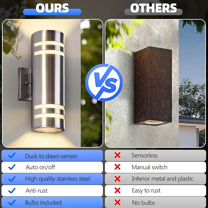 RAYVO Dusk to Dawn Outdoor Wall Light, Up Down Stainless Steel Exterior Light Fixture with Photocell Sensor, Waterproof Outdoor Sconce Lights for House Porch Garage Patio, LED Bulbs Included