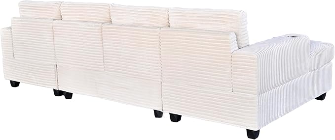 Ball & Cast 124" U-Shaped Sectional Sofa Couches for Living Room with Double Chaise,Cup Holders & Pillows,4 Seat Striped Corduroy Upholstered Modern Modular Sectional Sofa Set,for Home,Office,Beige