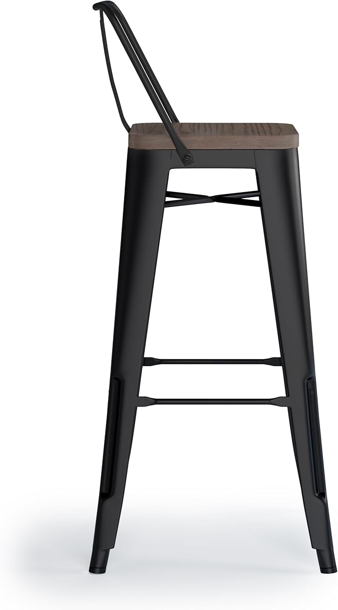 SIMPLIHOME Rayne Bar Stools (Set of 2) - 30 inch Seat Height Metal and Wood Chairs in Black, Industrial Seating for Kitchen or Bar with Curved Back, Footrest, and Elm Wood Seat