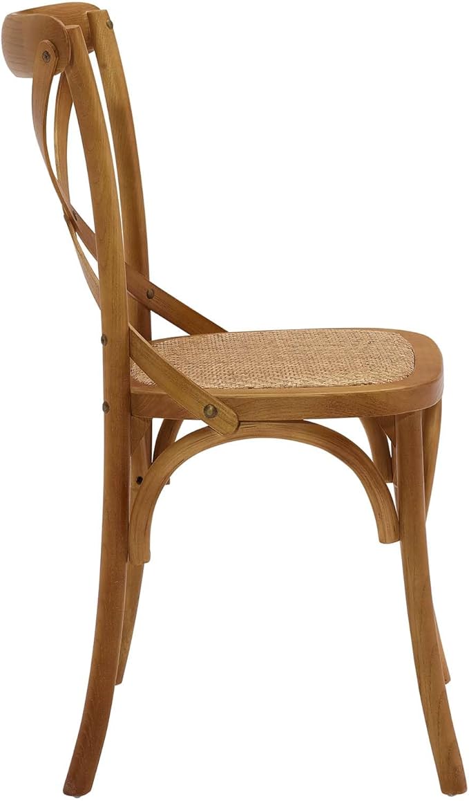 Modway Gear Rustic Modern Farmhouse Elm Wood Rattan Four Dining Chairs in Walnut