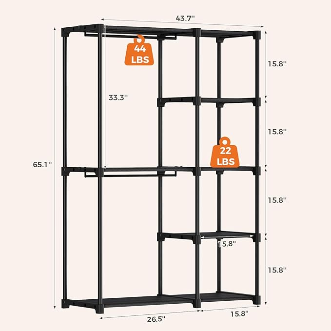 OLIXIS Portable Wardrobe Closet with Hanging Rods, 44 Inch Portable Clothing Rack with Shelves, Heavy Duty Clothes Rack, Freestanding Closet Organizer, 44" L x 15.7" W x 65" H