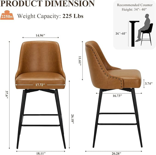 Bar Stools Set of 2, 26" Swivel Counter Height Chairs with Back,Thick Padded Seat & Footrest,Modern Faux Leather Barstool for Kitchen Island,Dining Room,Pub,Brown