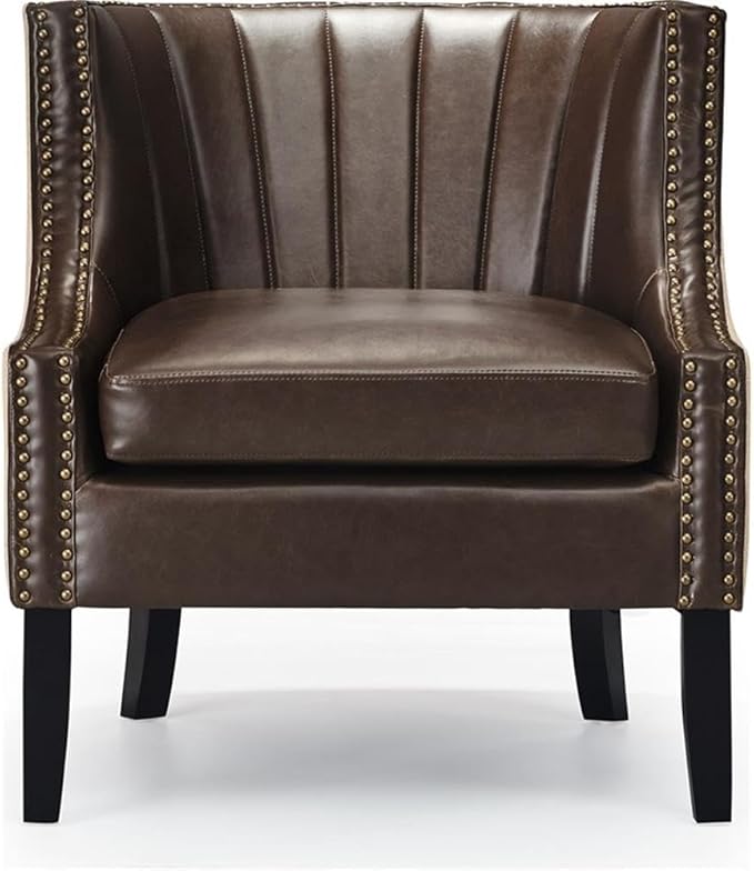 Tommy Hilfiger Dorset Leather Club Chair, Brass Nailhead Accent Trim, High Back Reading Armchair, Traditional Living Room Furniture, Chesterfield Brown