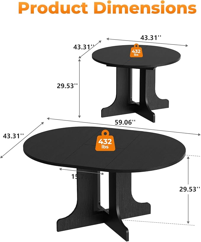 43"-59" Extendable Dining Room Table for 4-6, Expandable Round Dining Table, Oval Tabletop with Trestle X-Shaped Base & Metal Track for Office, Living Room-Black
