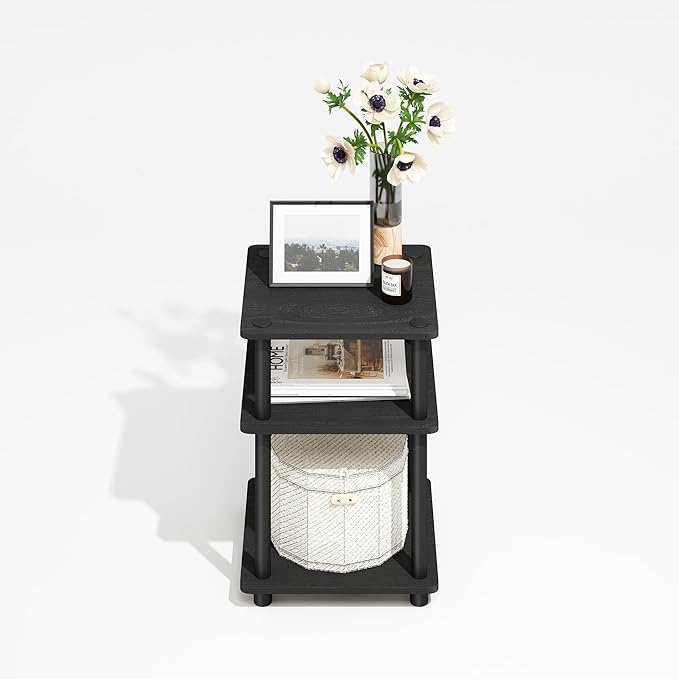 Furinno Turn-N-Tube Side Table, 3-Tier Square Modern End Table with Open Shelf, Night Stand, Bedside Table, Easy Assembly, for Living Room, Bedroom, Darkwood