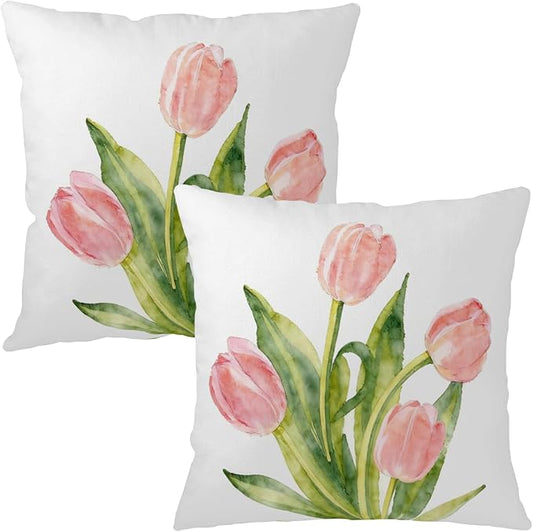 Spring Floral Pillow Covers 24x24 Set of 2 Pink Tulip Throw Pillow Covers Summer Flower Farmhouse Decorative Throw Pillows for Home Couch Sofa Bed Decor