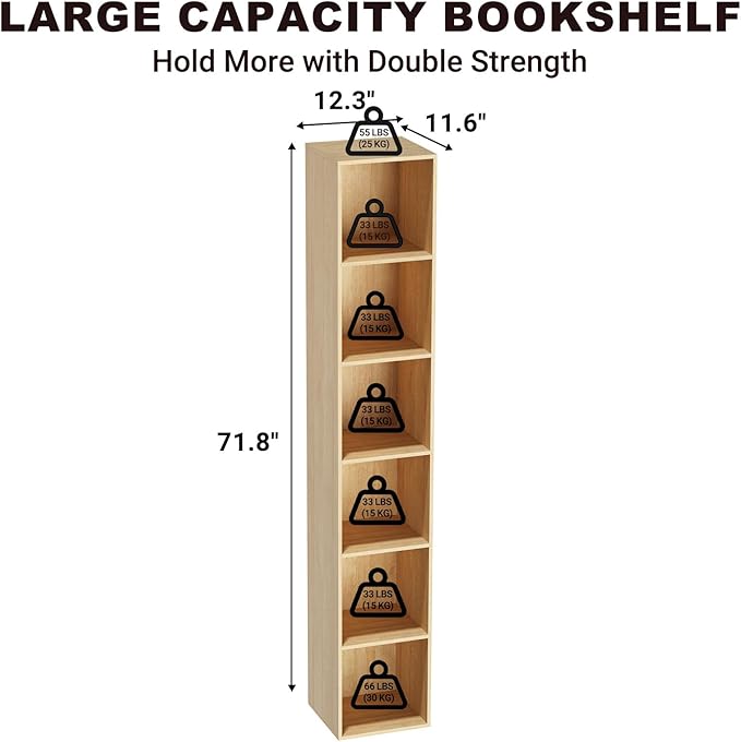 6 Tier Bookshelf, Open Tall Narrow Floor Standing Bookcase, Storage Organizer Bookshelves Freestanding Book Shelf for Living Room, Bedroom, Home Office (Oak, 6 Cube)