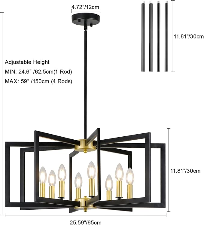 26.6'' Black and Gold Chandelier, 8-Light Geometric Modern Chandelier Lighting, Metal Industrial Large Chandeliers for Dining Room Living Room Entryway Foyer Lighting