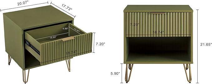 Manhattan Comfort Dumbo Fluted Nightstand with Drawer and Open Shelf, Gold Hairpin Legs and Metal Handle, Snap Tool-Free Assembly, Modern Bedside Accent Table for Bedroom or Living Room in Olive Green