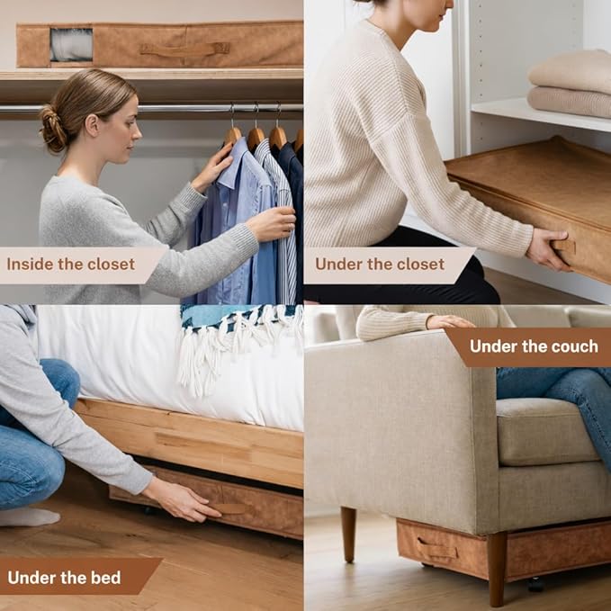 Premium Under Bed Storage with Wheels, Low Profile Rolling Storage Box in Vegan Leather with Metal Frame, Pull-Out Underbed Organizer for Bedroom or Closet, Housewarming or Wedding Gift