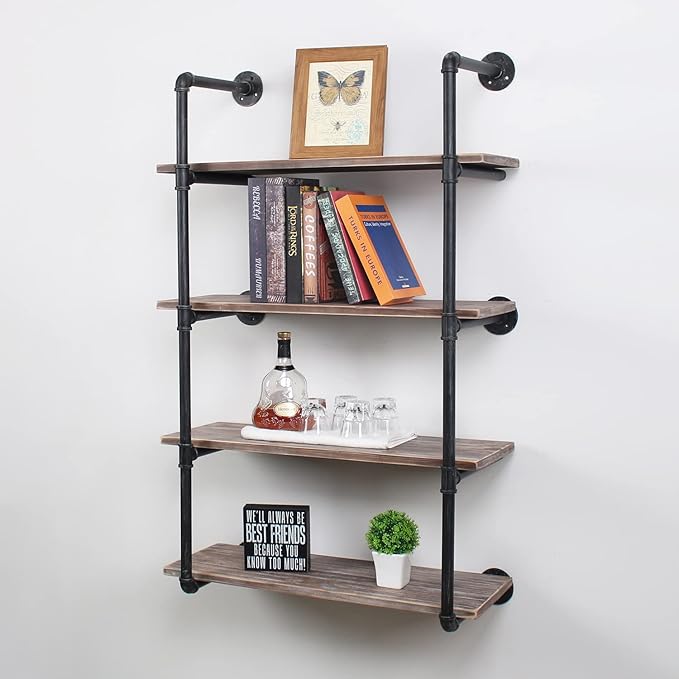 MBQQ Industrial Pipe Shelving Wall Mounted,30in Rustic Metal Floating Shelves,Steampunk Real Wood Book Shelves,Wall Shelf Unit Bookshelf Hanging Wall Shelves,Farmhouse Kitchen Bar Shelving(4 Tier)