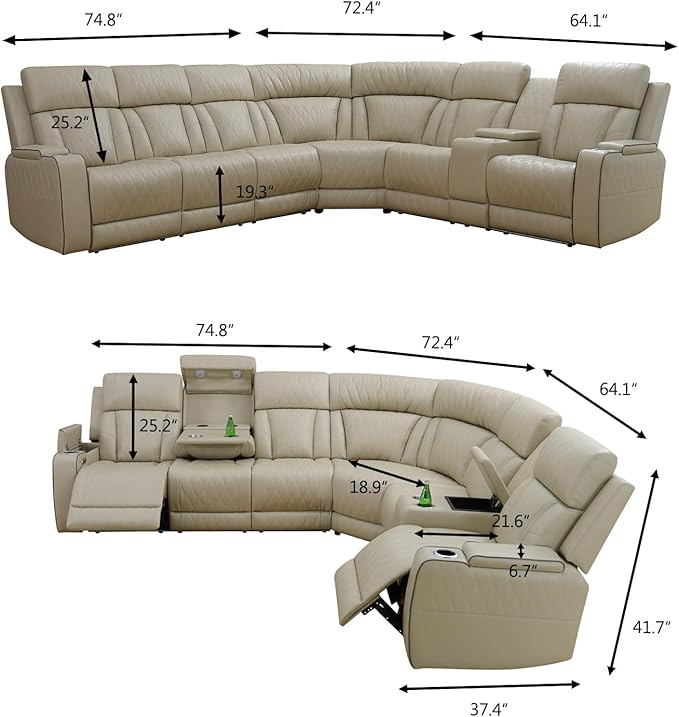 Power Recliner Sectional Sofa with LED Light, Breathing Leather Recliner Sofa Couch with Storage/Cup Holder for Living Room Home Office Theater (Beige)