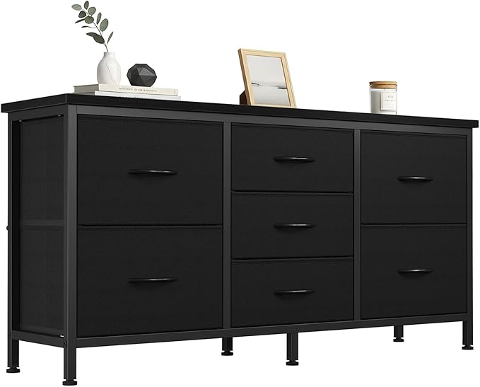 DUMOS TV Stand 7 Drawer Dresser for Bedroom with Storage TV Stands for Living Room Black, Farmhouse Entertainment Center Media Console Table with Metal Frame Adjustable Feet