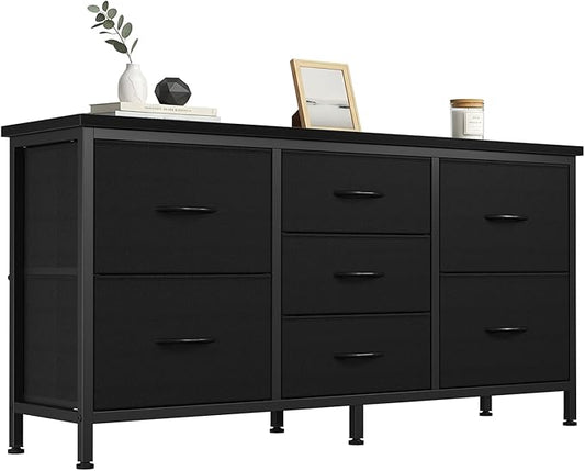 DUMOS TV Stand 7 Drawer Dresser for Bedroom with Storage TV Stands for Living Room Black, Farmhouse Entertainment Center Media Console Table with Metal Frame Adjustable Feet
