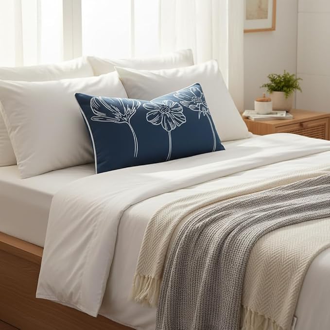 Sunkifover Decorative Floral Lumbar Pillow Cover 12x20 Inch Blue and White Cotton Embroidery Flower Throw Pillowcase Cushion Cover for Bed Bedroom, Living Room, Sofa