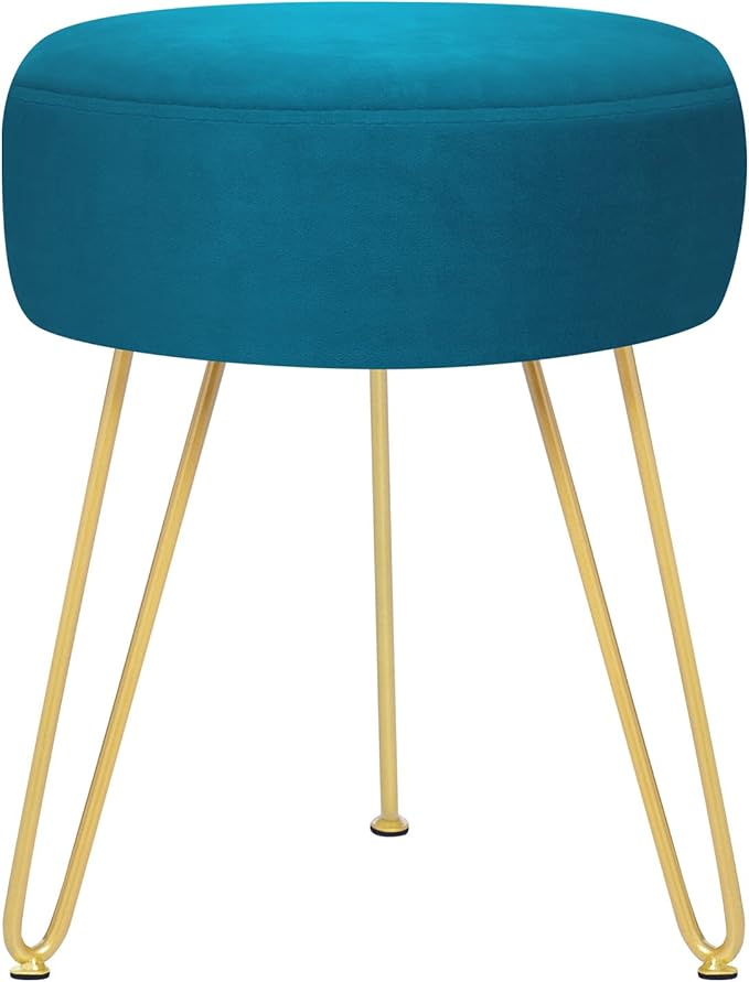 Velvet Soft Modern Vanity Footstool -Round Footrest Stool Ottoman Side Table Seat Dressing with Golden Metal Leg and Sponge Filling,Upholstered Foot Rest for Living Room (Peacock blue2)