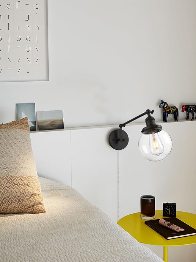PERMO Industrial Wall Sconce Plug in Sconce Swing Arm Wall Light Fixture with 5.9" Glass Globe Shade for Bedroom, Living Room Office (Matte Black)