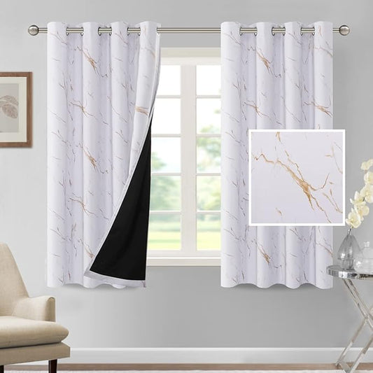 H.VERSAILTEX 100% Blackout Curtains 63 inch Length 2 Panels Set Marble Designs Printed Drapes Thermal Curtains for Bedroom with Black Liner Sound Proof Curtains, Gold