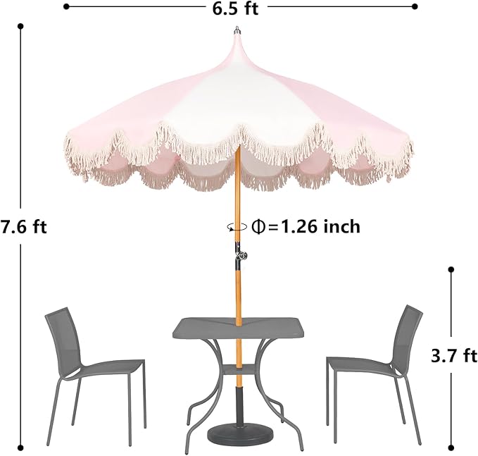 6.5ft Pagoda Beach Umbrella with Fringe, UPF 50+ Boho Umbrellas with Carry Bag, Premium Wood Pole Foldable Tassel Umbrella for Outdoor Garden Lawn Pool Yard Table