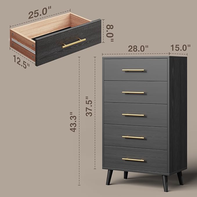 Aiho 5 Drawer Dresser, Tall Chest with Metal Handles, Wood Storage Organizer for Bedroom, Hallway, or Living Room, Black