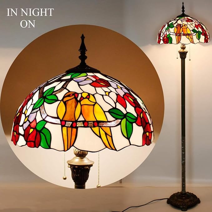 WERFACTORY Tiffany Floor Lamp Double Tropical Birds Stained Glass Standing Reading Light 16X16X64 Inches Antique Pole Corner Lamp Decor Bedroom Living Room Home Office S803 Series