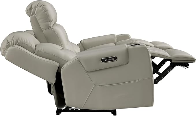 Watson & Whitely Genuine Leather Power Reclining Sofa, 3-Seater Lay Flat Recliner Sofa with Power Headrest, Cup Holders, USB & Type-C Ports, Electric Reclining Couch for Living Room, Grey