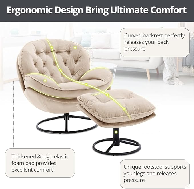 Velvet Swivel Accent Chair with Ottoman Set, Modern Lounge Chair with Metal Base Frame & Footrest, Comfortable Single Leisure Sofa Chair Reading Chair with 360 Degree Swiveling for Living Room, Beige